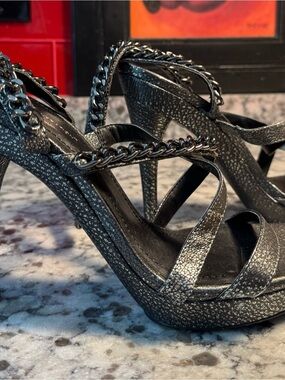 BCBGeneration Metallic Pewter Black Chain-Strap Platform Heels